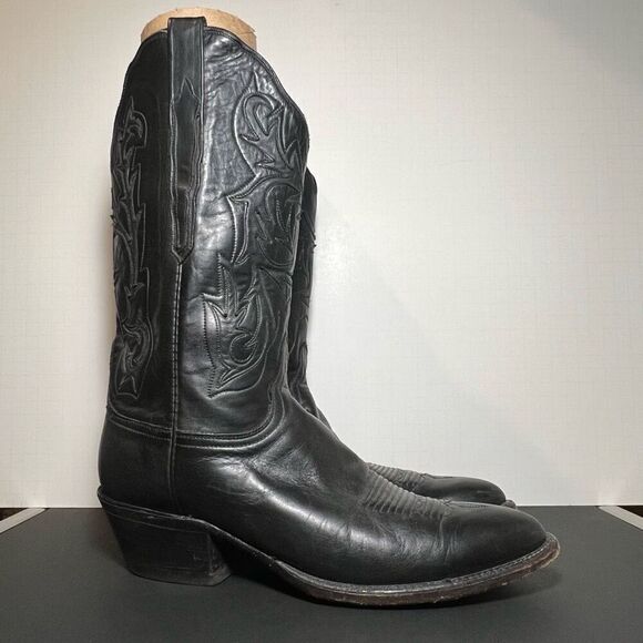 Mens LUCCHESE Black Leather Handmade Western Cowboy Boots / Size 10 Narrow - Picture 1 of 8